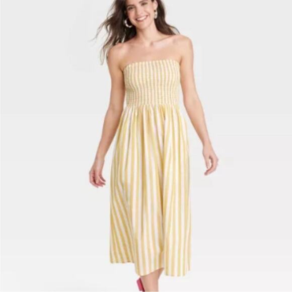 A New Day Yellow Strapless Smocked Tube Midi Sundress Sz M - Picture 1 of 12